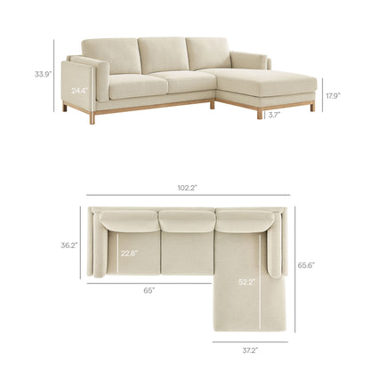 Roscoe right-facing fabric sectional sofa with chaise in beige upholstery and wooden legs on Tampa Home & Garden Store