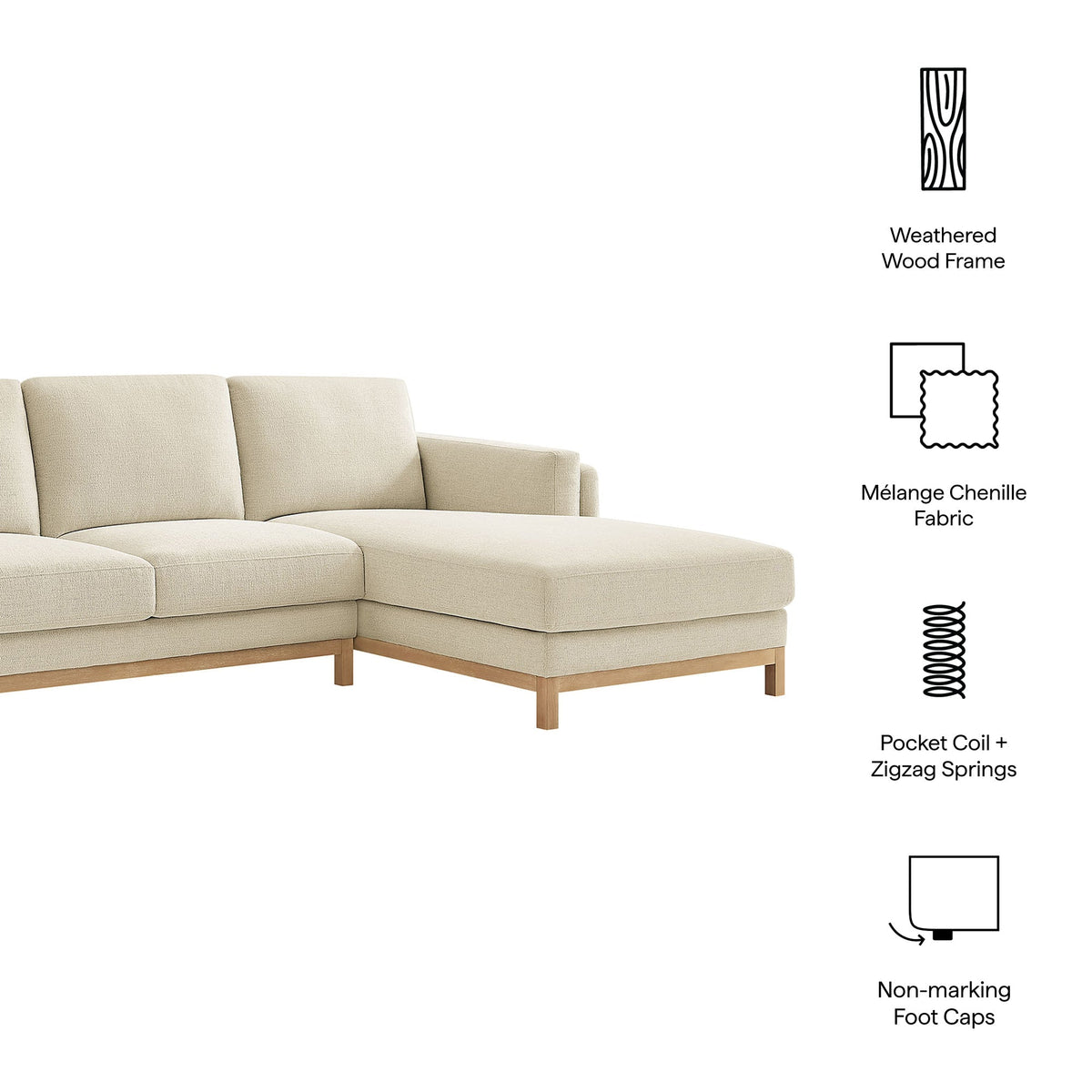 Roscoe right-facing fabric sectional sofa with chaise in beige fabric, wooden legs on Tampa Home & Garden Store