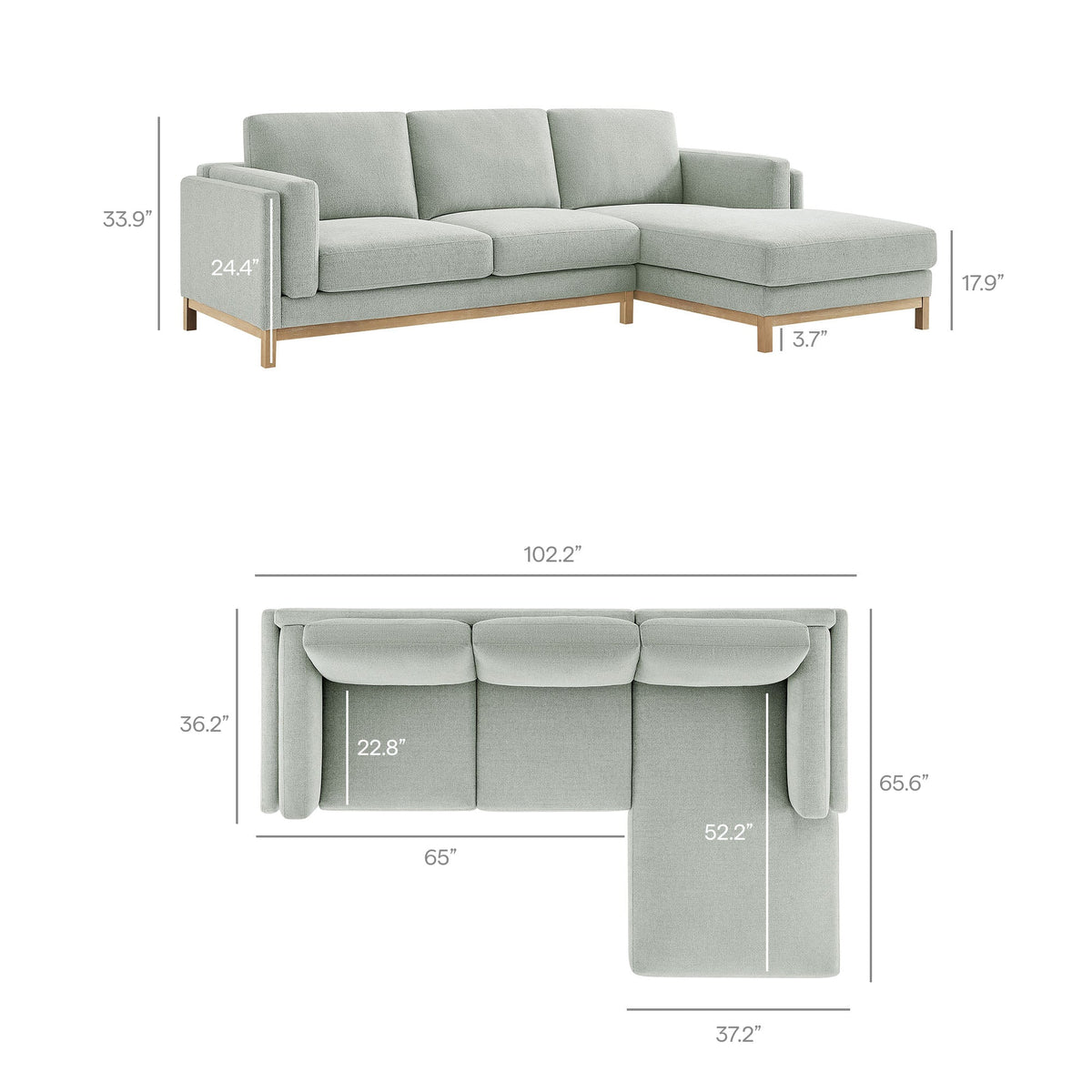 Roscoe right-facing fabric sectional sofa with chaise, light gray, natural wood legs by Modway on Tampa Home & Garden Store