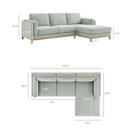 Roscoe right-facing fabric sectional sofa with chaise, light gray, natural wood legs by Modway on Tampa Home & Garden Store