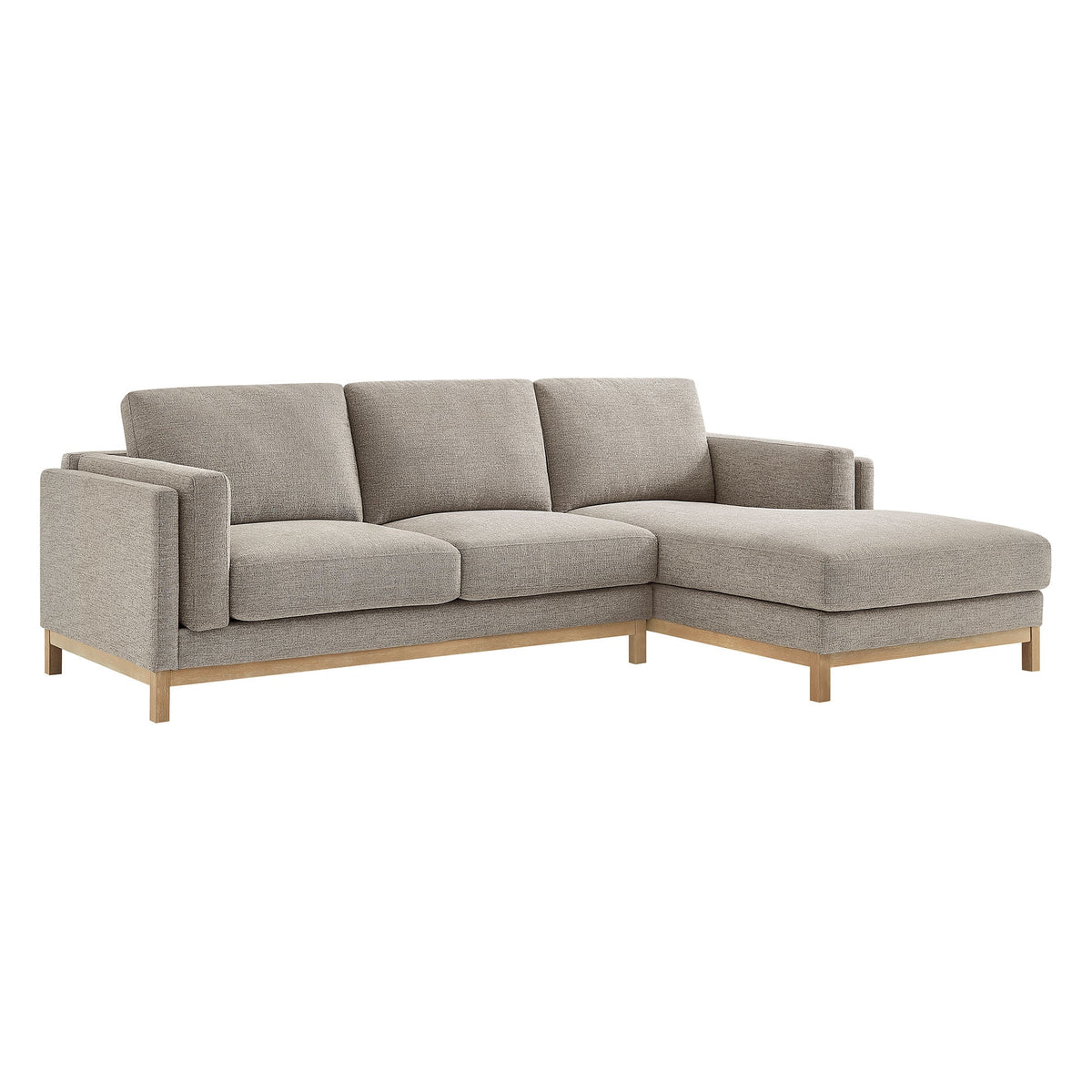 Roscoe right-facing fabric sectional sofa with chaise in taupe upholstery on light wood legs on Tampa Home & Garden Store