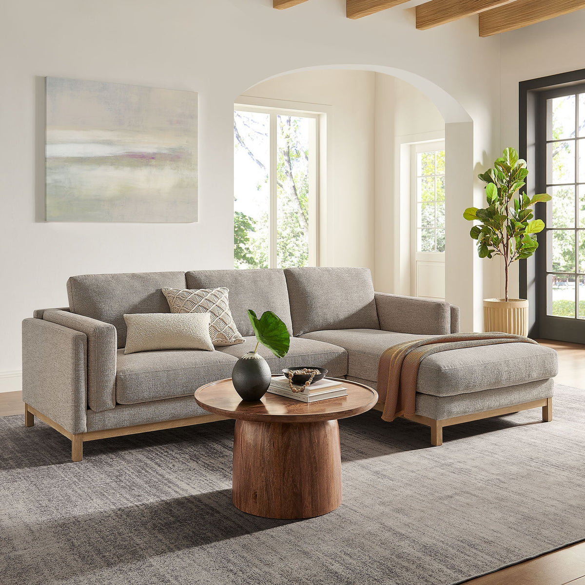 Roscoe right-facing fabric sectional sofa with chaise in light gray with wood legs on Tampa Home & Garden Store
