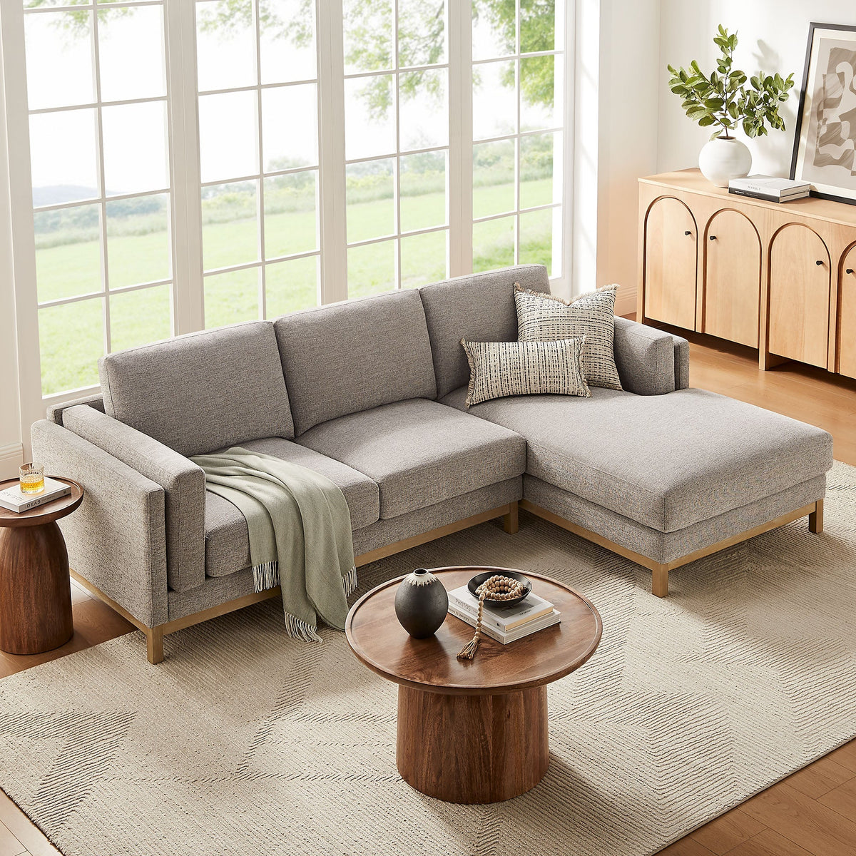 Roscoe right-facing fabric sectional sofa with chaise in light gray, modern HouseOfZazla on Tampa Home & Garden Store