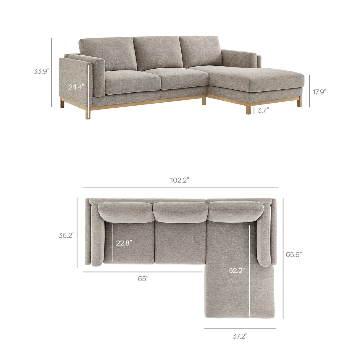 Roscoe right-facing fabric sectional sofa with chaise taupe fabric and wood legs by Modway on Tampa Home & Garden Store