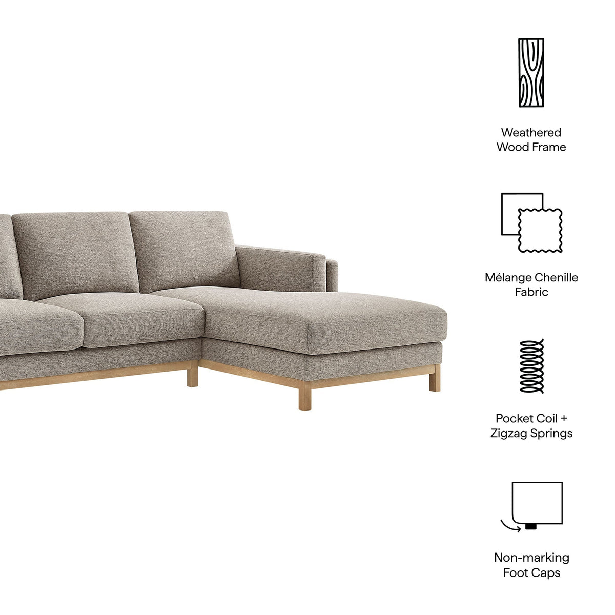 Roscoe right-facing fabric sectional sofa with chaise taupe by Modway on Tampa Home & Garden Store