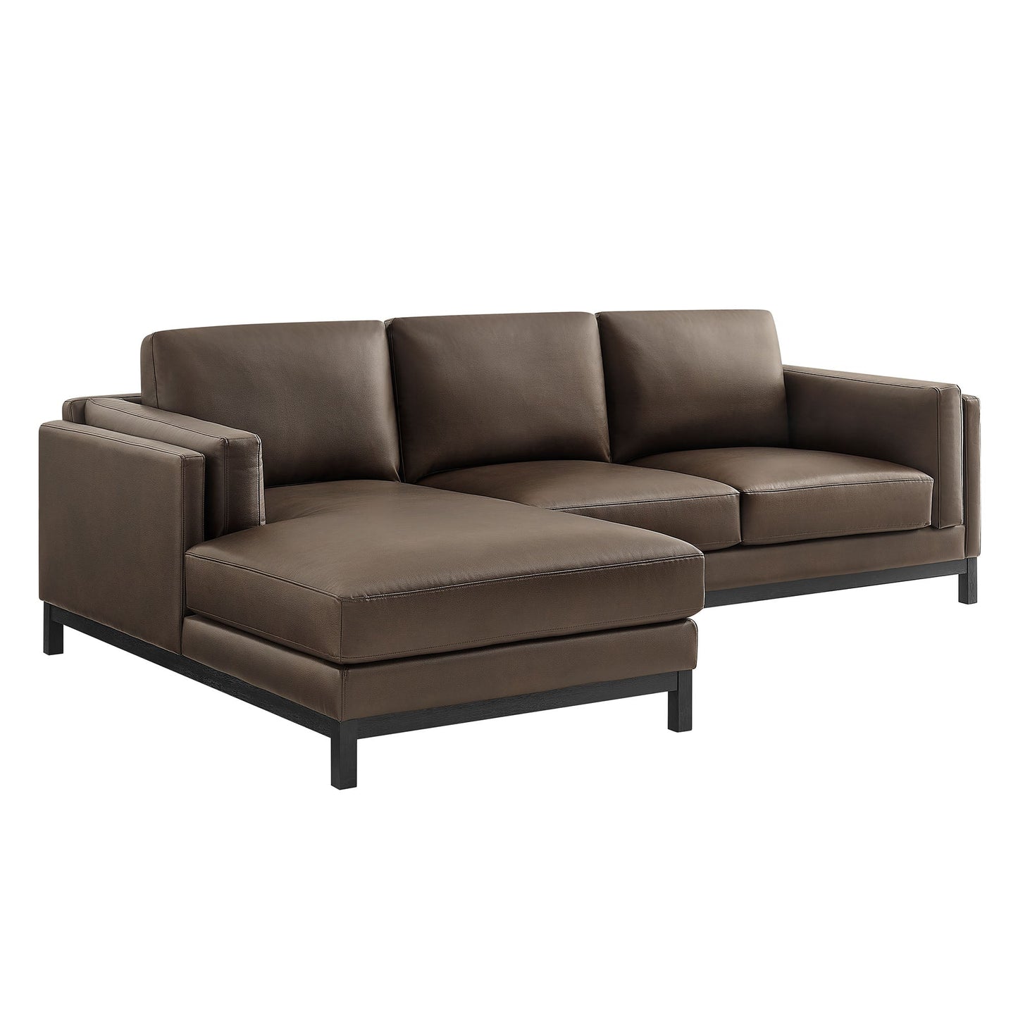 Roscoe left-facing vegan leather sectional sofa with chaise, brown color, black metal legs on Tampa Home & Garden Store