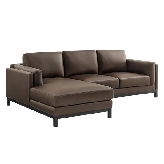 Roscoe left-facing vegan leather sectional sofa with chaise, brown color, black metal legs on Tampa Home & Garden Store