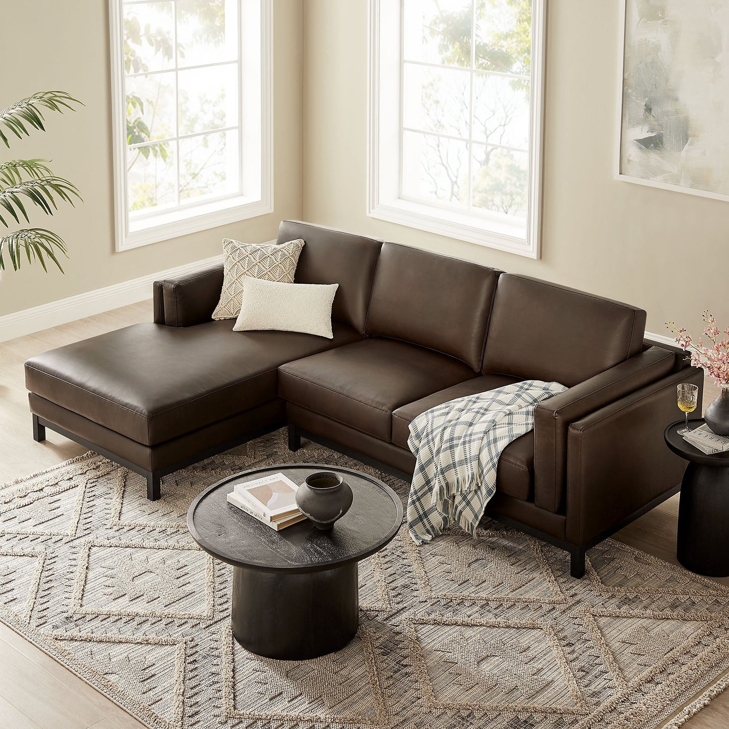 Roscoe left-facing vegan leather sectional sofa with chaise, brown HouseOfZazla in living room on Tampa Home & Garden Store