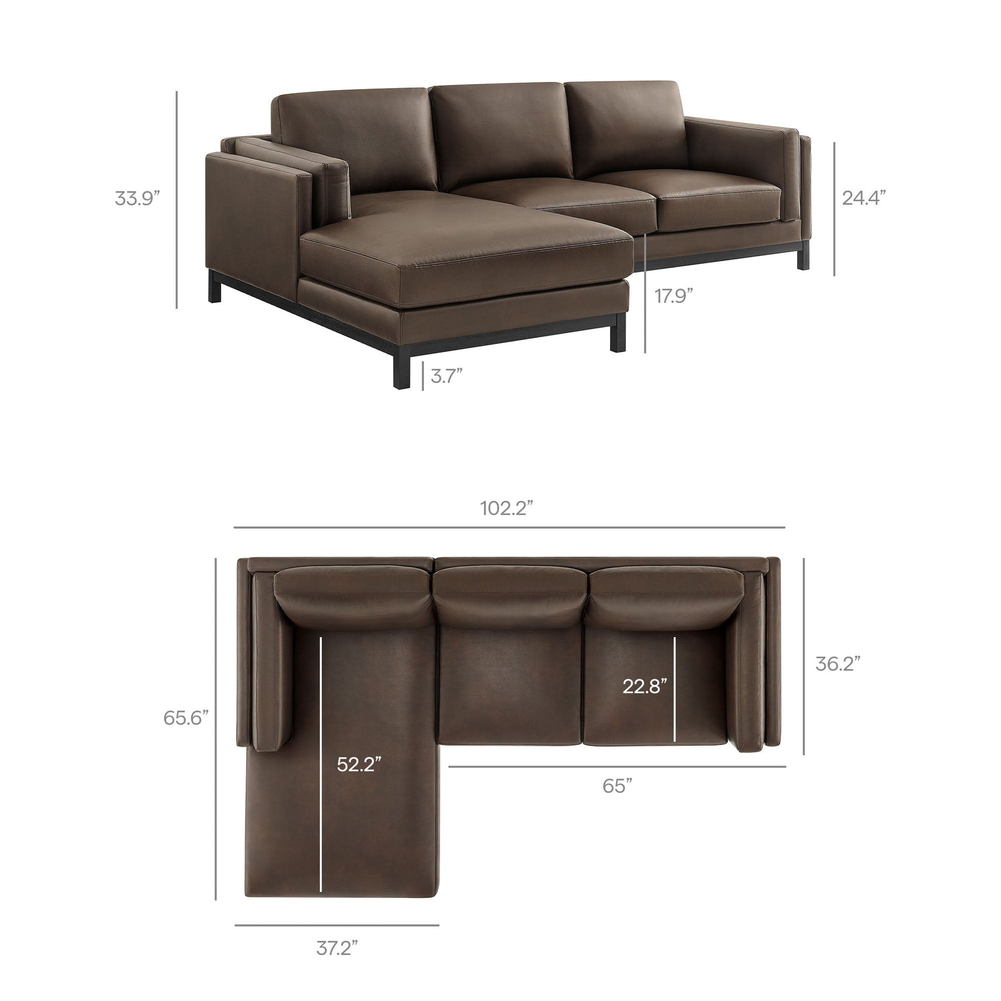 Roscoe left-facing vegan leather sectional sofa with chaise by HouseOfZazla brown upholstery with metal legs on Tampa Home & Garden Store
