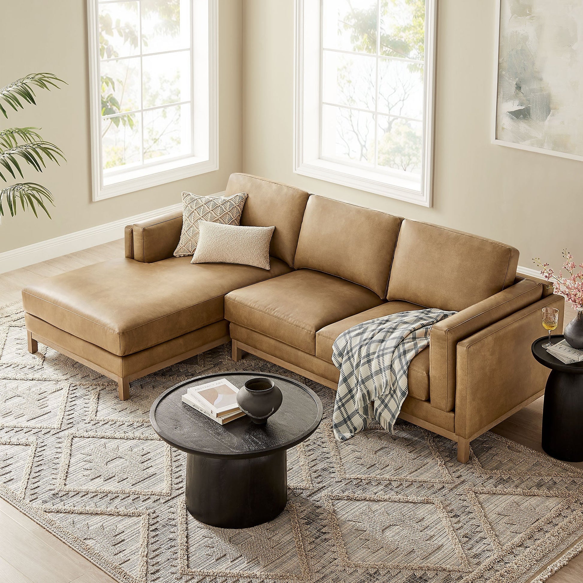 Roscoe left-facing vegan leather sectional sofa with chaise in tan by HouseOfZazla on Tampa Home & Garden Store