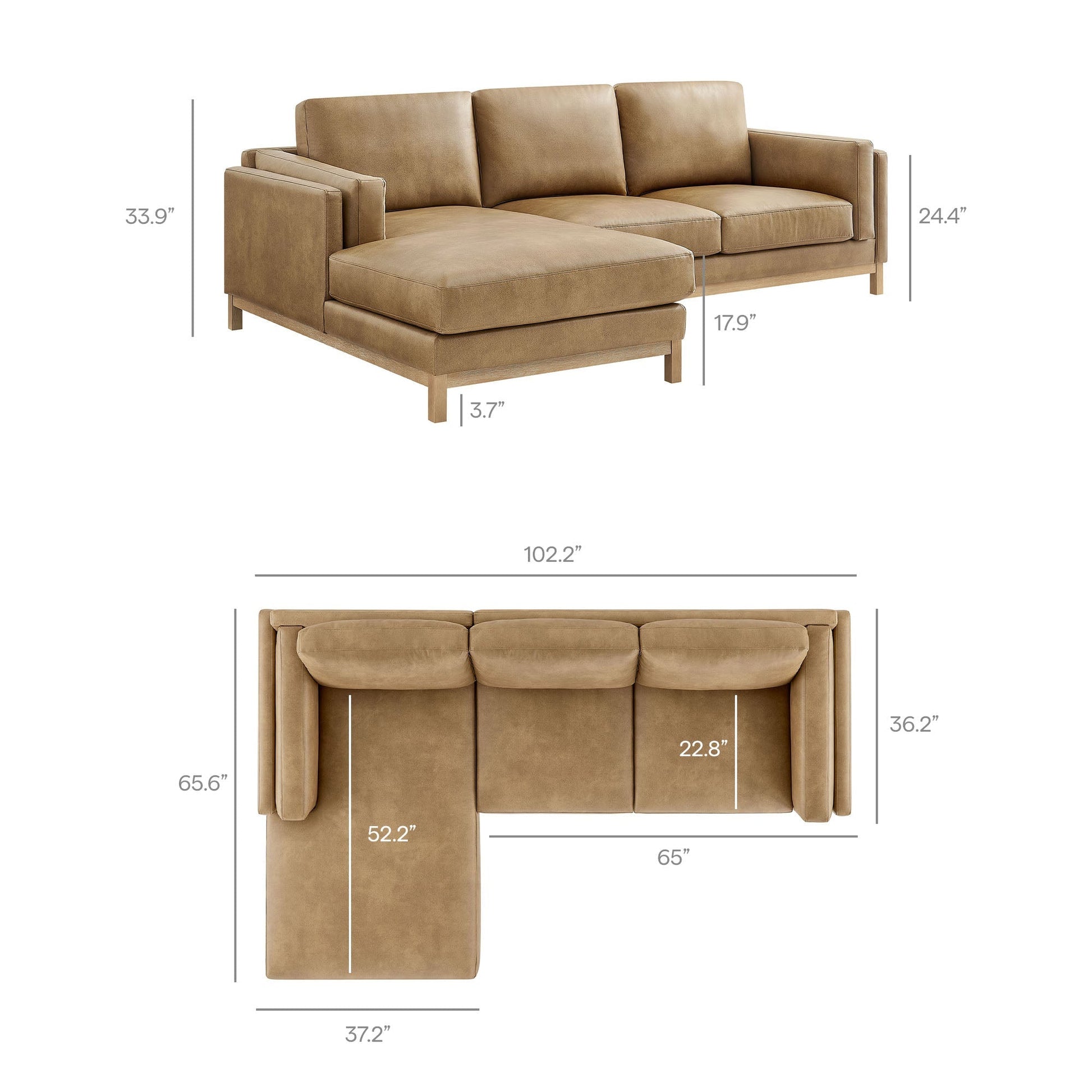 Roscoe left-facing vegan leather sectional sofa with chaise in tan by HouseOfZazla on Tampa Home & Garden Store