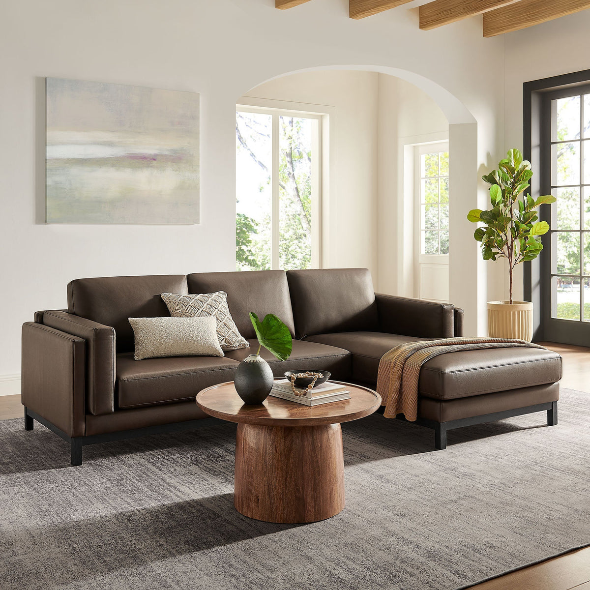 Roscoe right-facing vegan leather sectional sofa with chaise in dark brown on Tampa Home & Garden Store
