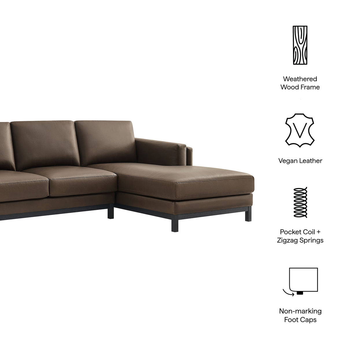 Roscoe right-facing vegan leather sectional sofa with chaise in brown by Modway on Tampa Home & Garden Store