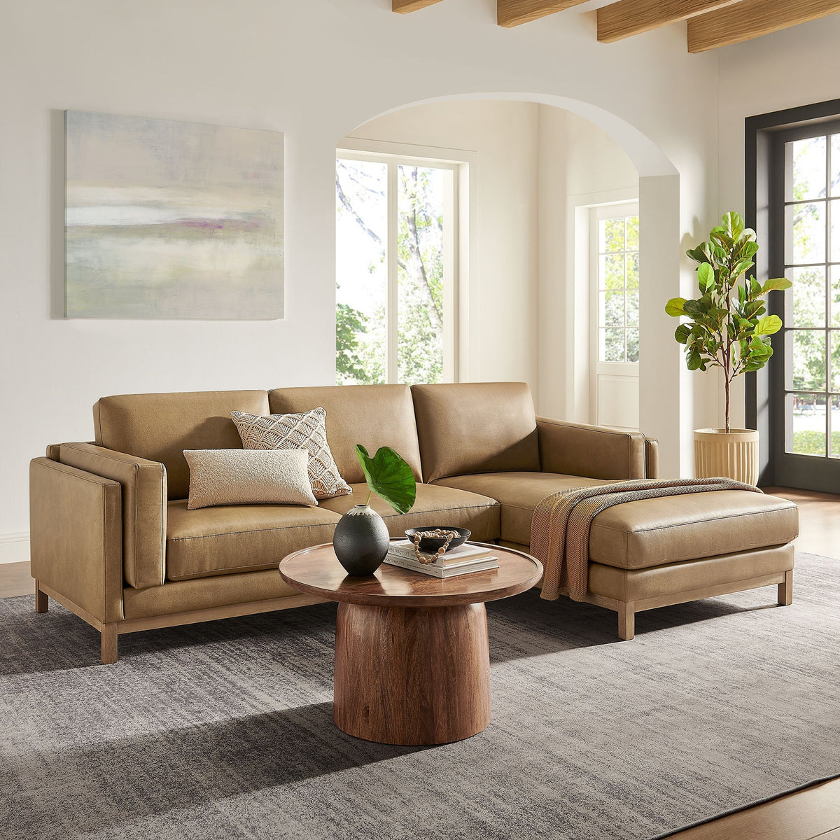 Roscoe right-facing vegan leather sectional sofa with chaise in tan on Tampa Home & Garden Store