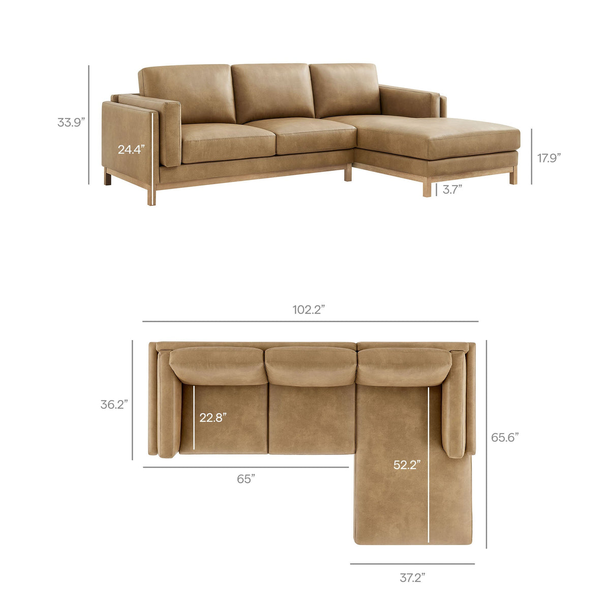 Roscoe right-facing vegan leather sectional sofa with chaise in tan by Modway on Tampa Home & Garden Store