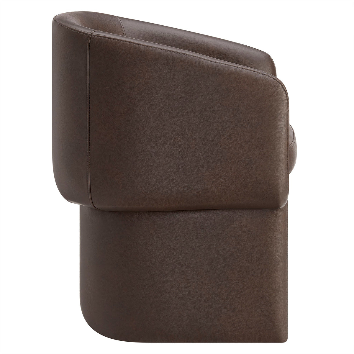 Verity Barrel Back Vegan Leather Dining Chair in brown, curved back with stitched seams on Tampa Home & Garden Store