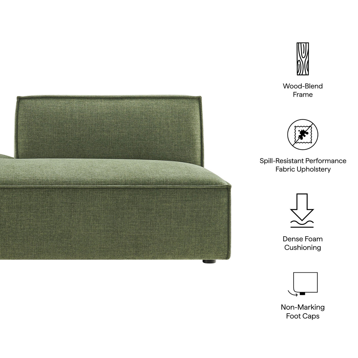 Left-facing armless modular chaise in olive Restore Performance fabric with foam cushioning on Tampa Home & Garden Store