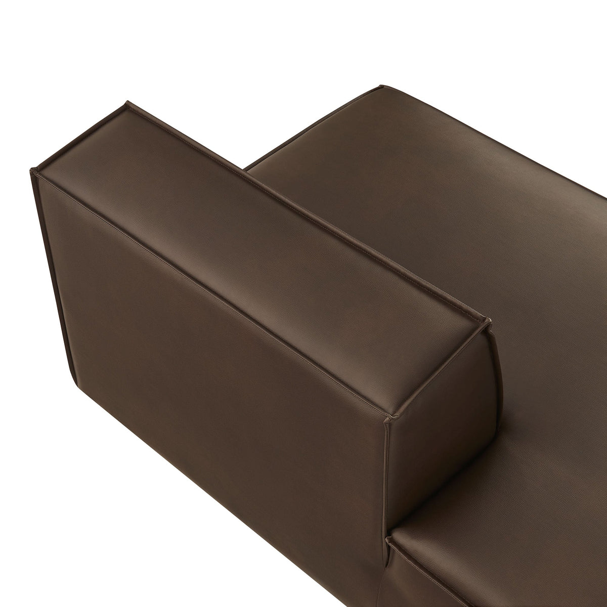 Restore vegan leather left-facing armless modular chaise brown upholstery close-up stitching on Tampa Home & Garden Store