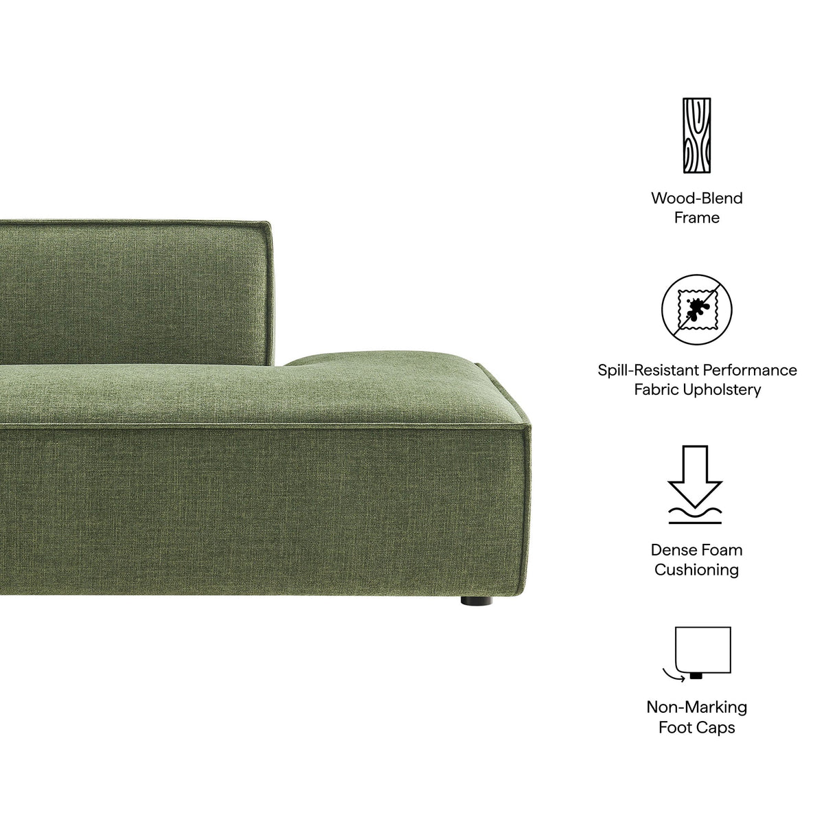 Olive green right-facing armless modular chaise in Restore Performance fabric on Tampa Home & Garden Store