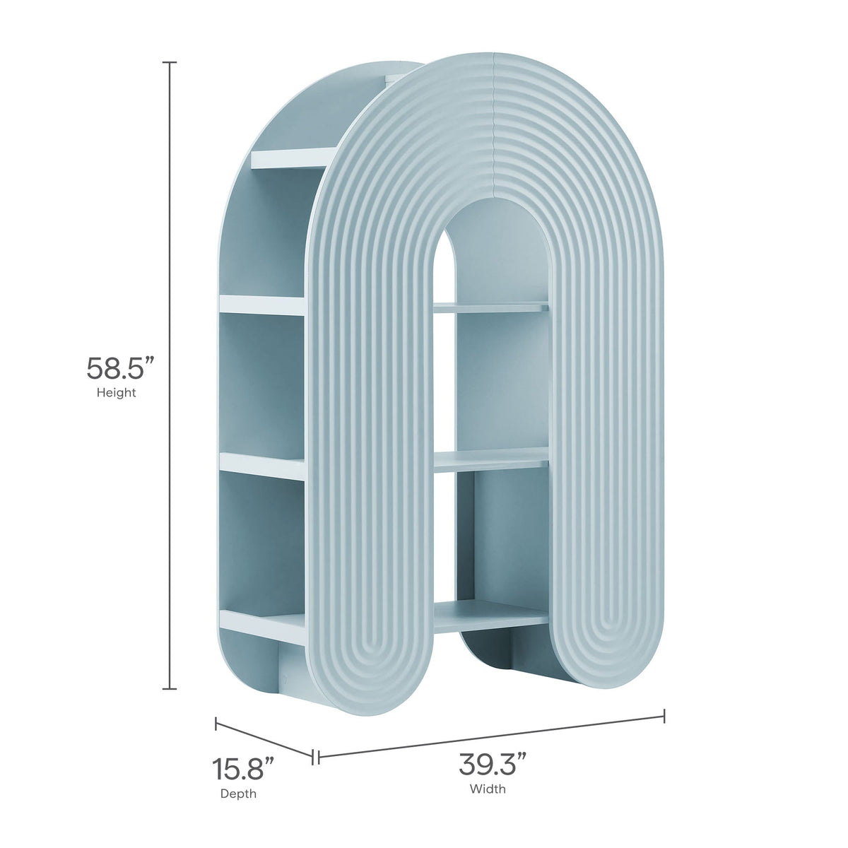 Daydream 58in arched bookshelf with ribbed arch sides in pale blue for display and storage on Tampa Home & Garden Store