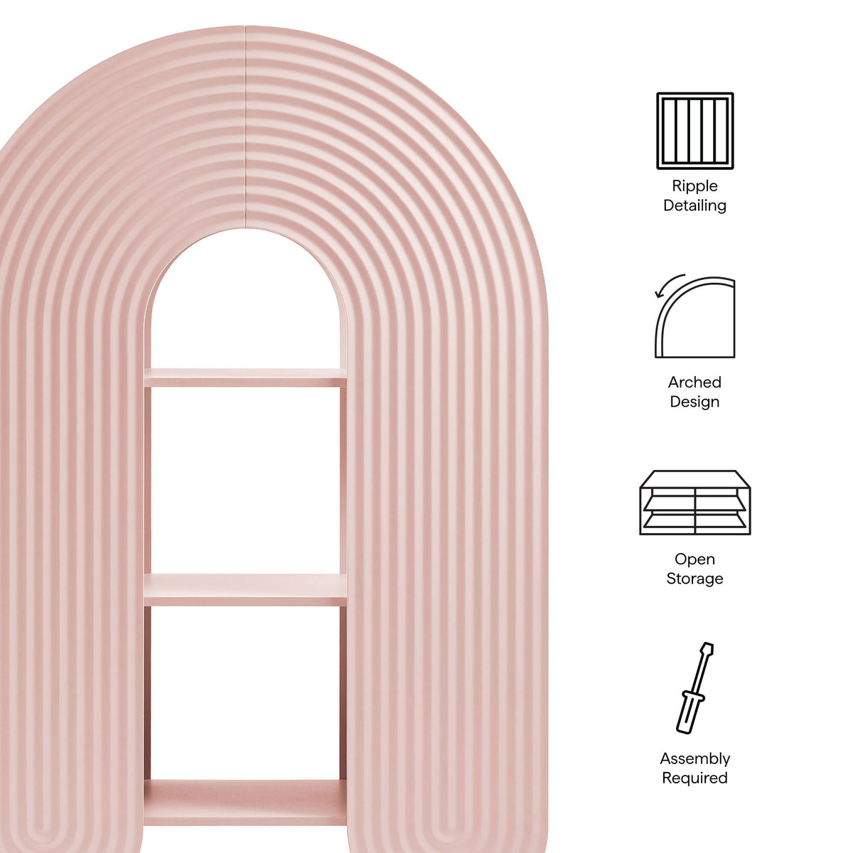 Daydream 58in arched bookshelf in blush pink with ripple detailing by Modway on Tampa Home & Garden Store