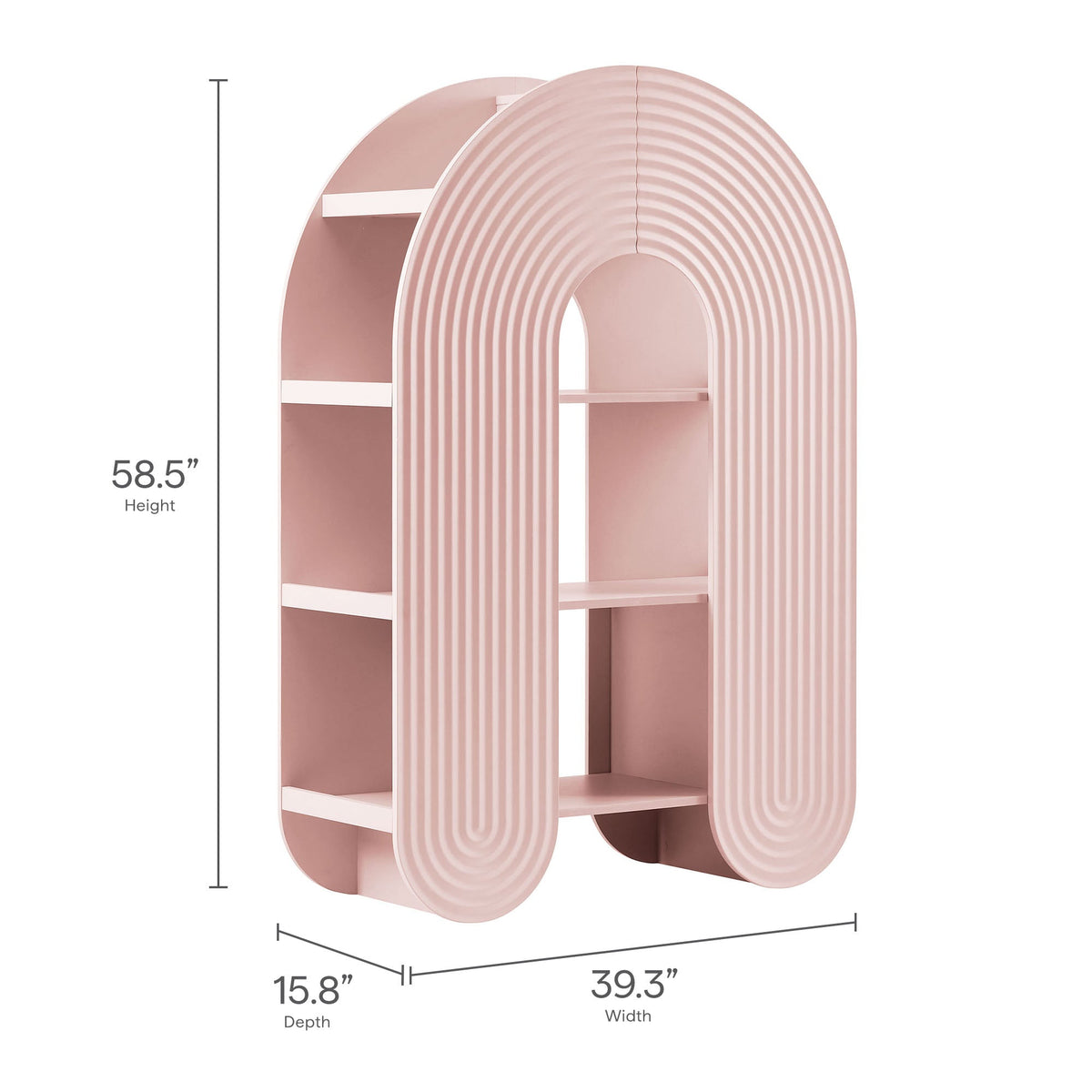 Daydream 58in arched bookshelf by Modway in blush pink with ribbed arch panels on Tampa Home & Garden Store