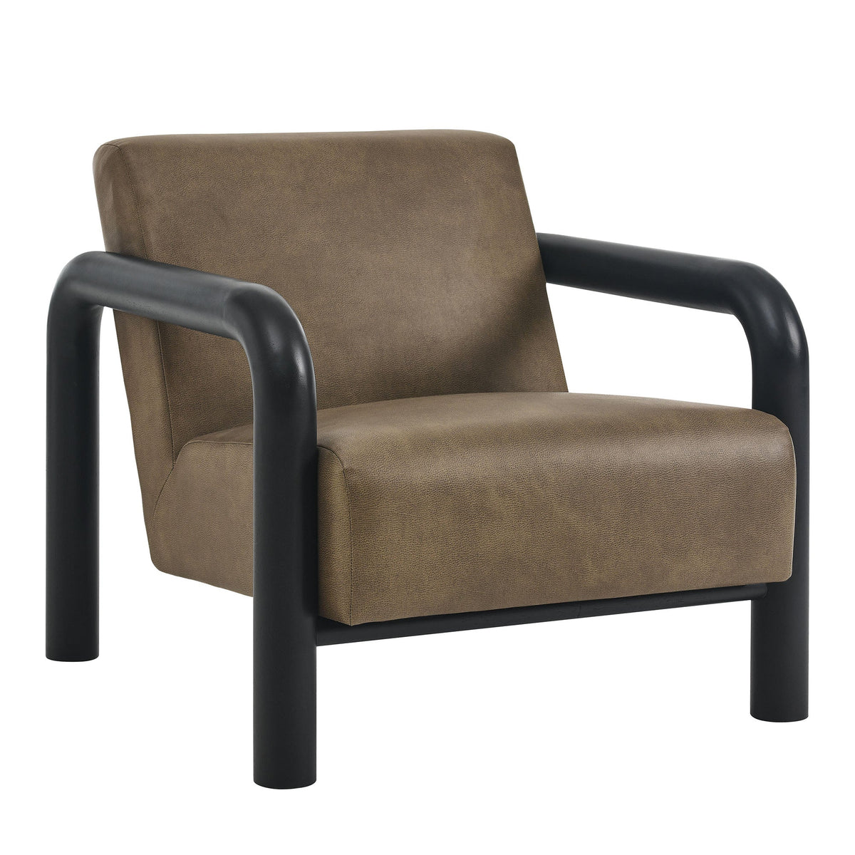 Sereno vegan leather accent chair in brown with black metal frame and curved armrests on Tampa Home & Garden Store