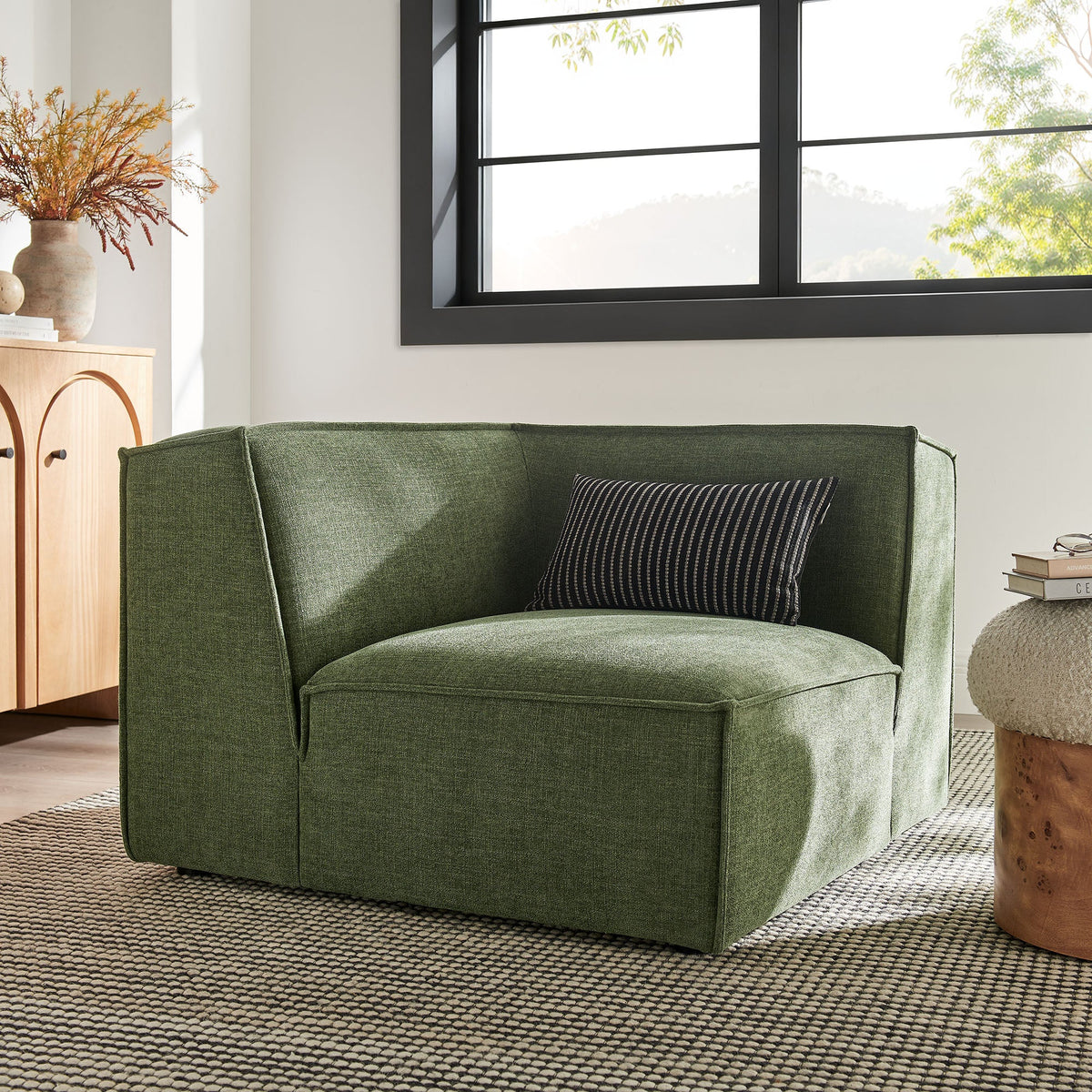 Restore Performance Fabric Upholstered Modular Corner Chair by Modway in green in living room on Tampa Home & Garden Store