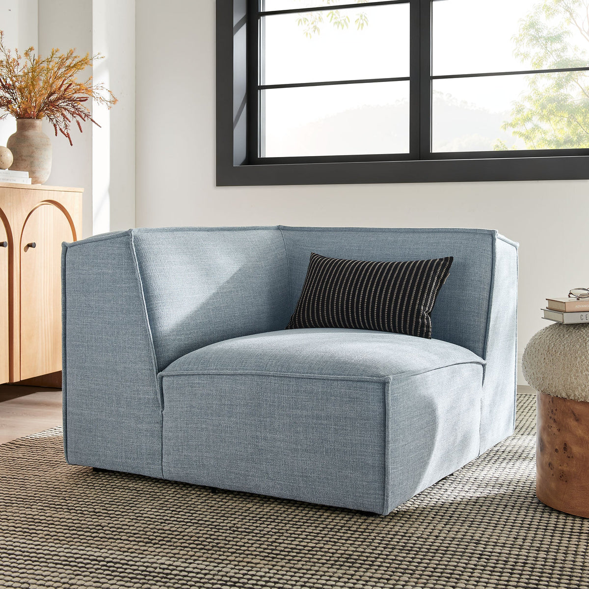 Blue Restore Performance fabric upholstered modular corner chair by Modway in living room on Tampa Home & Garden Store