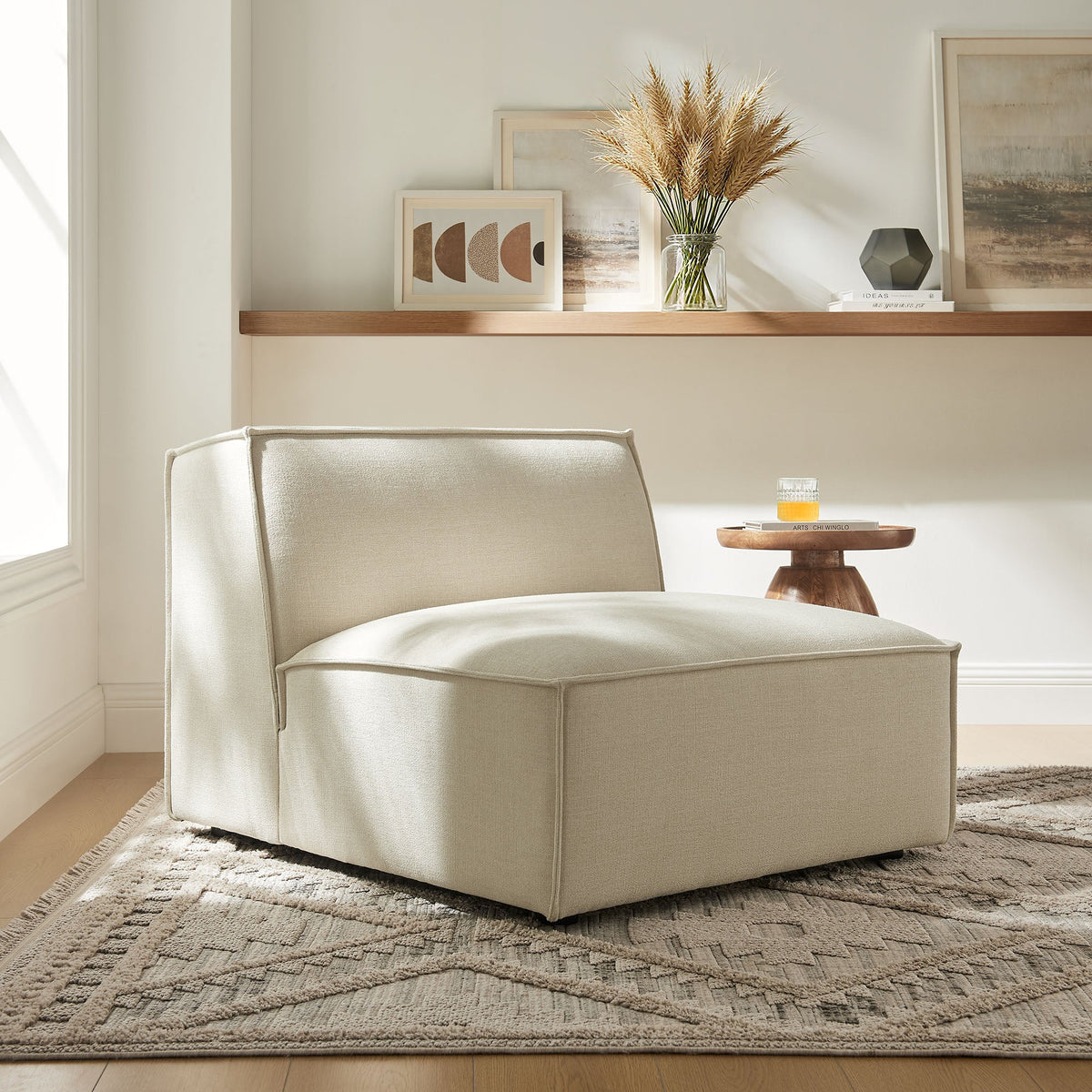 Restore Performance Fabric upholstered armless modular chair in beige for a clean setting on Tampa Home & Garden Store