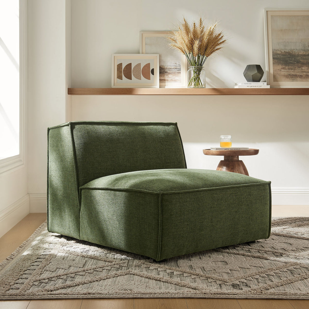 Restore armless modular chair in emerald green performance fabric by Modway in a sunlit living space on Tampa Home & Garden Store