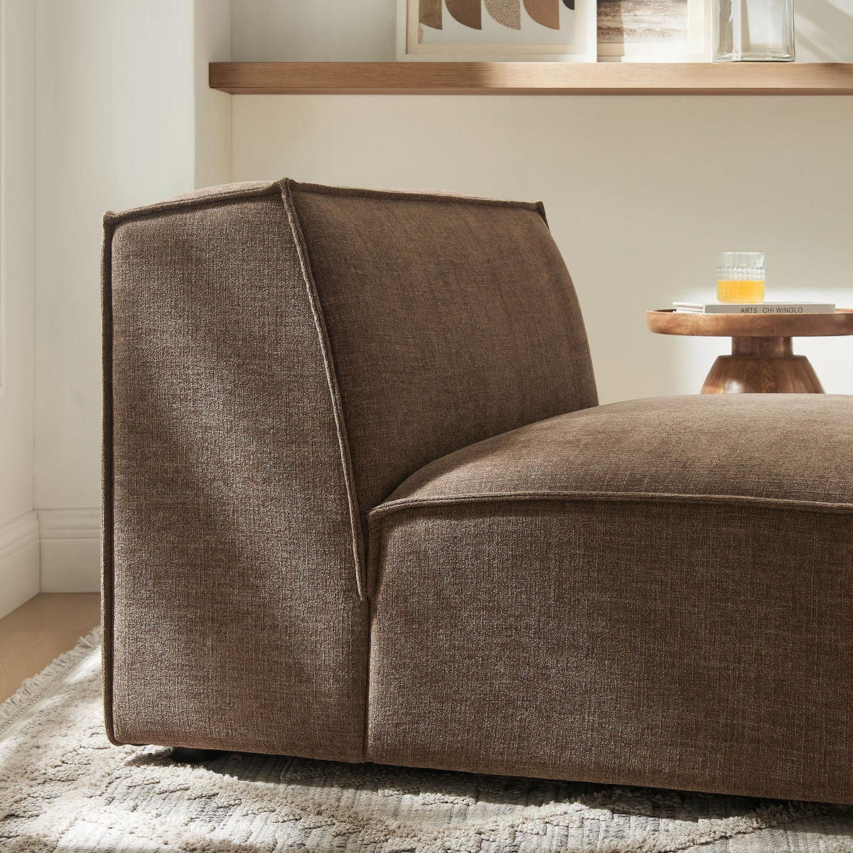 Armless modular chair in brown textured performance fabric, minimalist cozy seating on Tampa Home & Garden Store