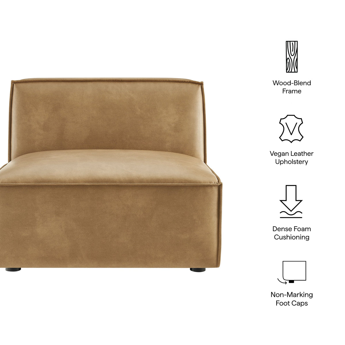 Restore vegan leather armless modular chair in warm tan with a wood-blend frame on Tampa Home & Garden Store