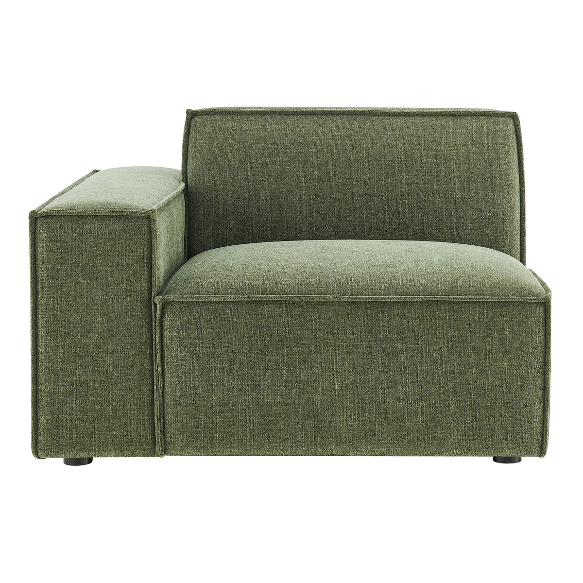 Left-facing modular lounge chair in olive green Restore performance fabric with boxy arms and cushioned seat on Tampa Home & Garden Store
