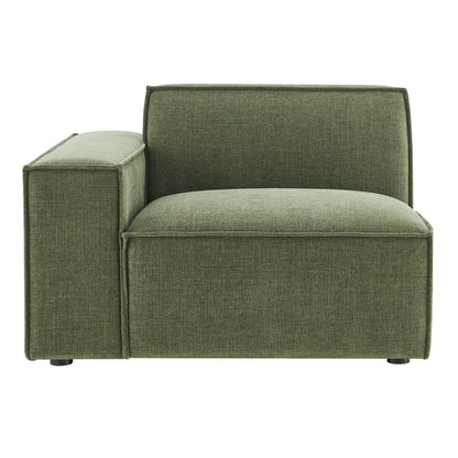 Left-facing modular lounge chair in olive green Restore performance fabric with boxy arms and cushioned seat on Tampa Home & Garden Store