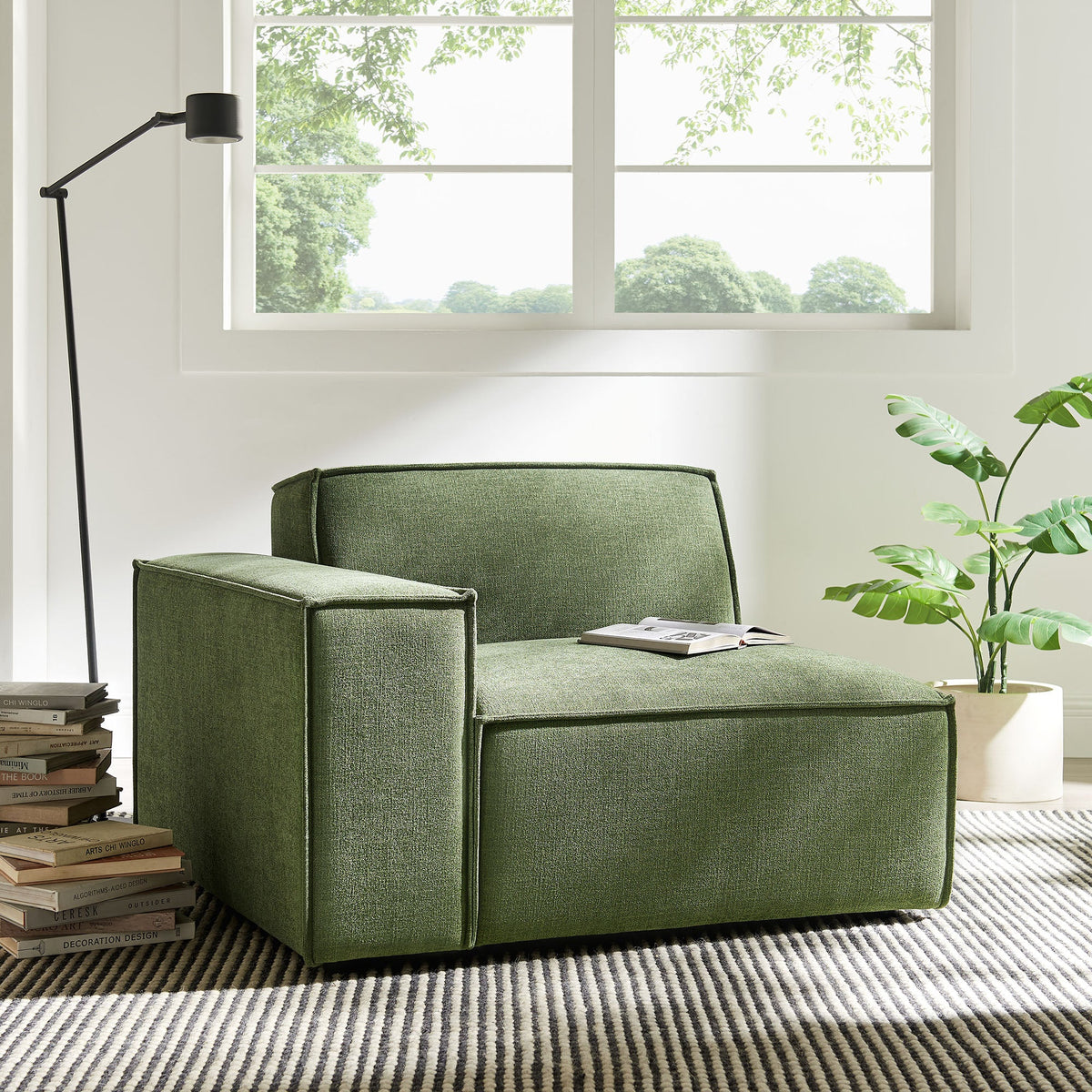 Modway left-facing modular lounge chair in Restore Performance fabric with ottoman, green on Tampa Home & Garden Store