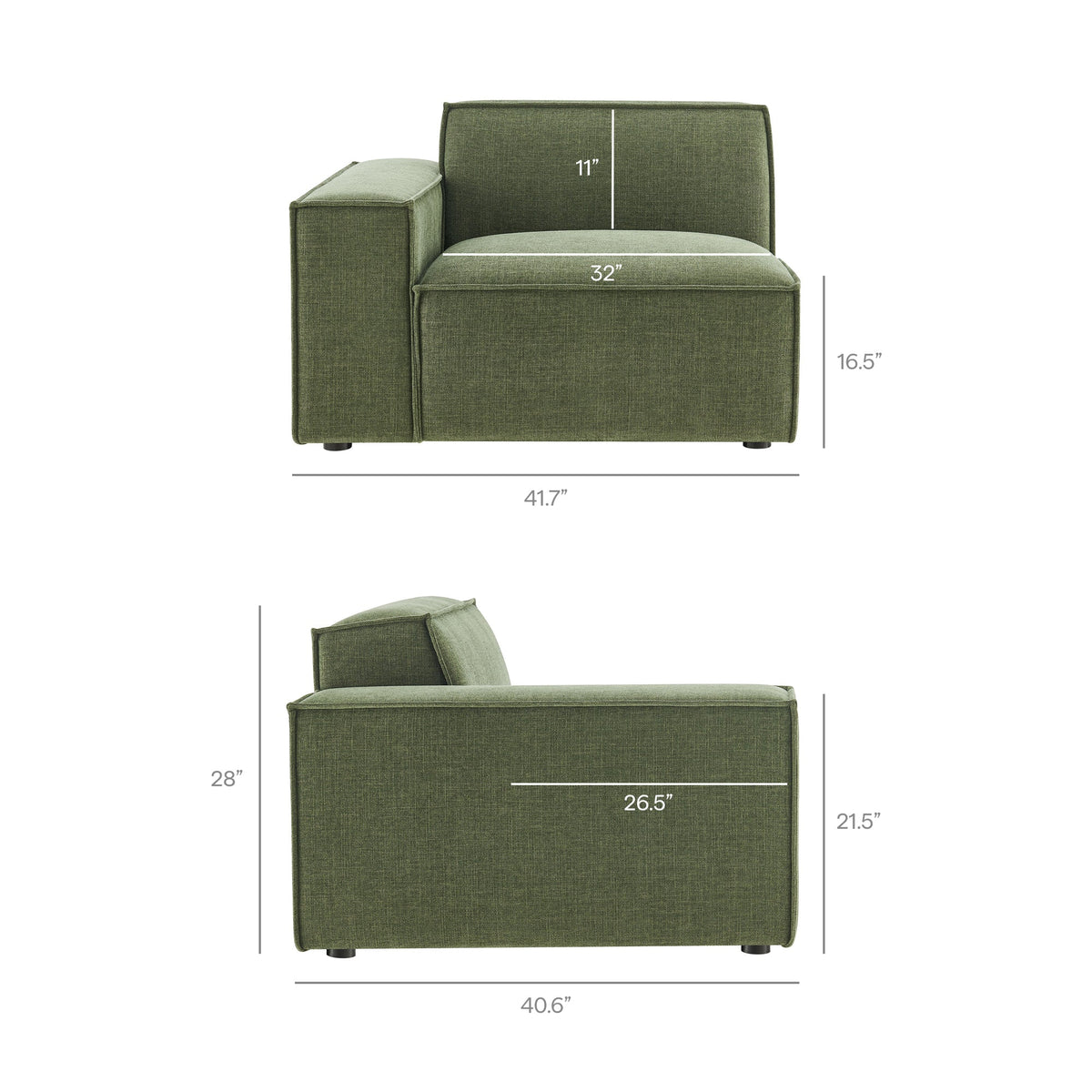 Left-facing modular lounge chair in olive Restore Performance Fabric by HouseOfZazla on Tampa Home & Garden Store
