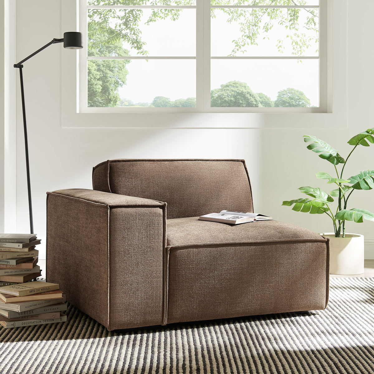 Modway left-facing modular lounge chair in brown performance fabric, modern living room setting on Tampa Home & Garden Store