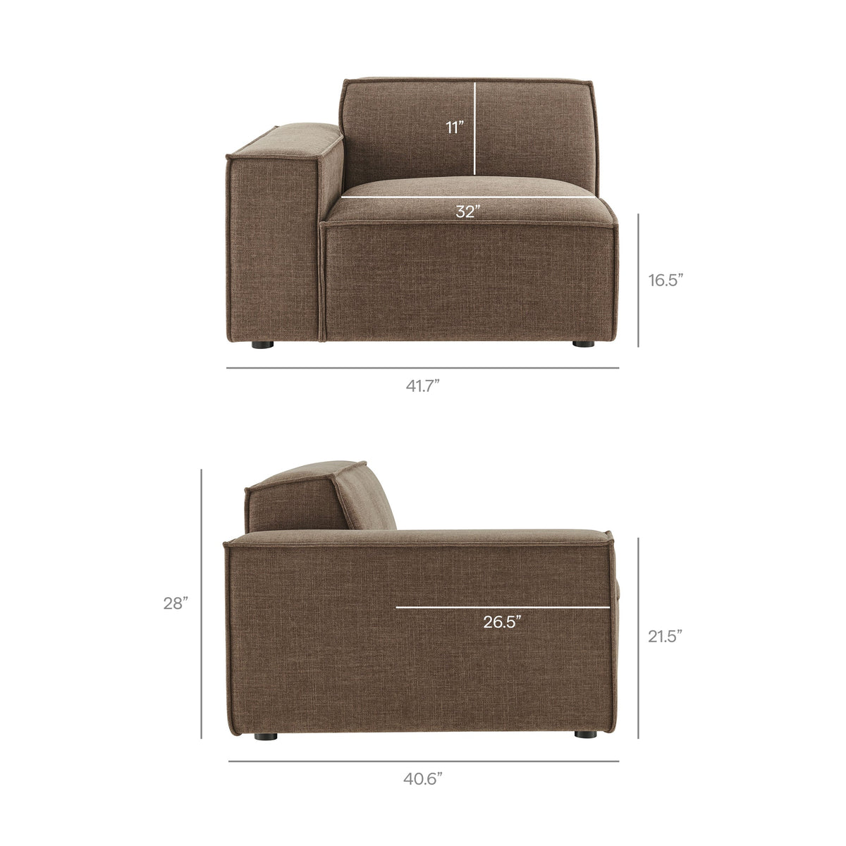 Left-facing modular lounge chair in brown performance fabric upholstery by Modway on Tampa Home & Garden Store