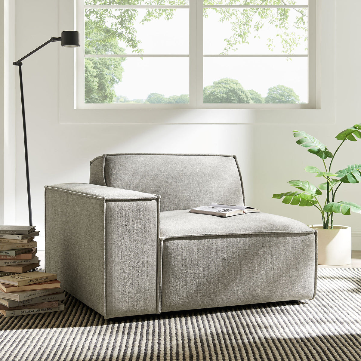 Modular left-facing lounge chair in gray Restore performance fabric by Modway with matching ottoman on Tampa Home & Garden Store