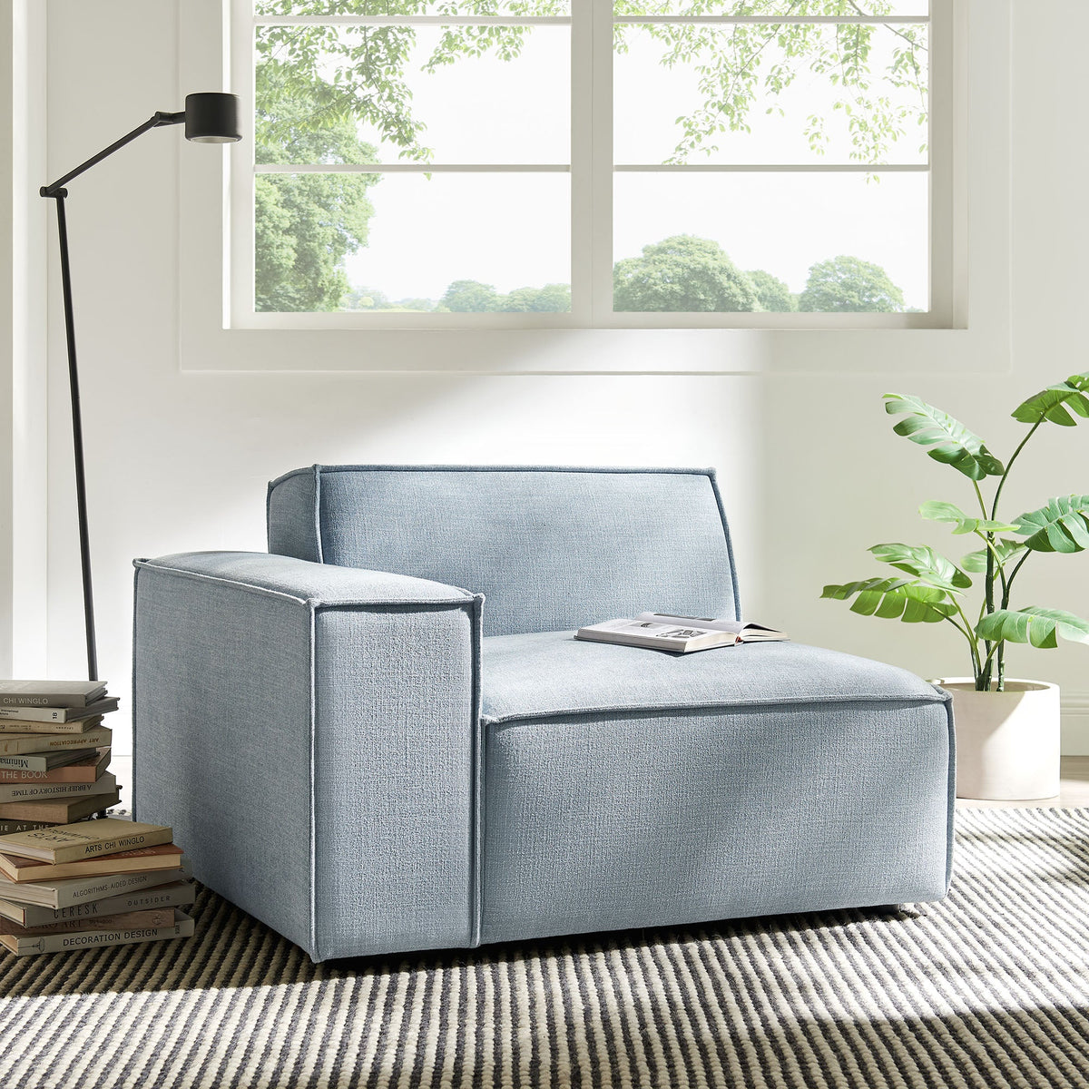 Restore Performance fabric left-facing modular lounge chair in blue by Modway with ottoman on Tampa Home & Garden Store