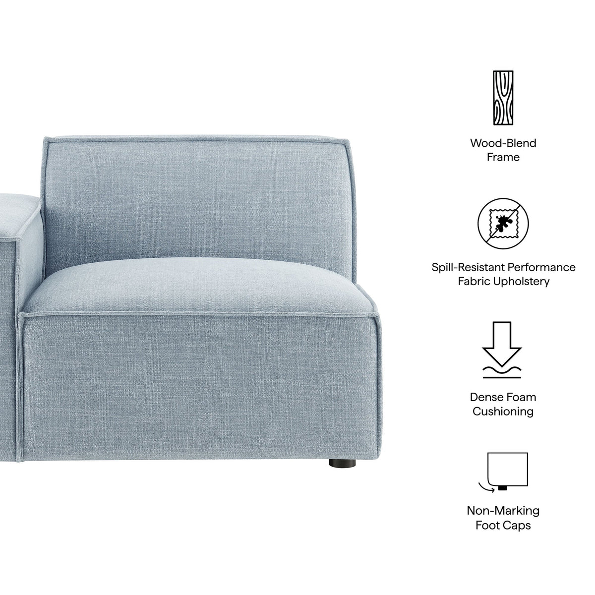 Left-facing modular lounge chair in blue-gray performance fabric upholstery by HouseOfZazla on Tampa Home & Garden Store