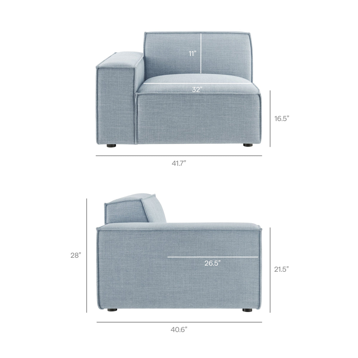 Left-facing modular lounge chair in blue-gray Restore Performance fabric by HouseOfZazla on Tampa Home & Garden Store