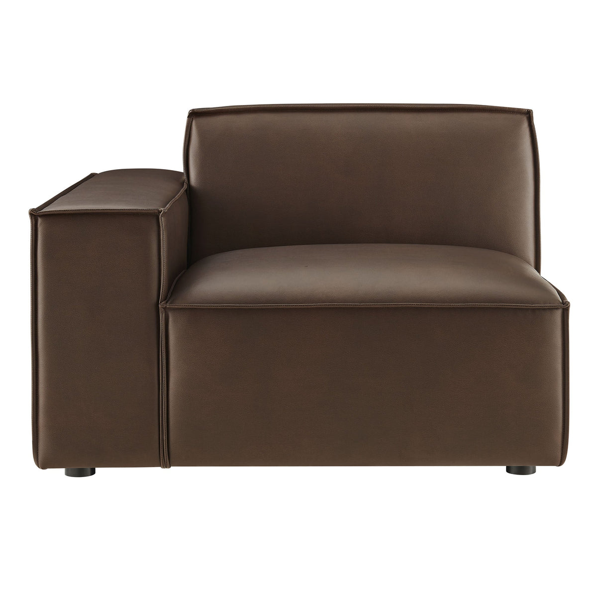 Left-facing vegan leather modular lounge chair in brown with exposed stitching and cushioned seat on Tampa Home & Garden Store