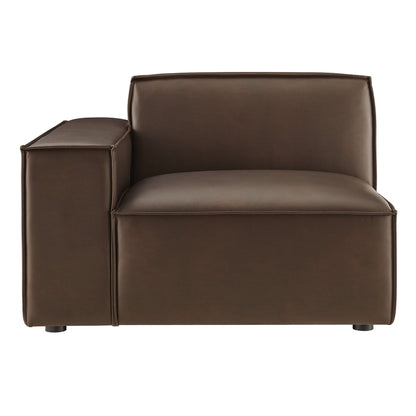 Left-facing vegan leather modular lounge chair in brown with exposed stitching and cushioned seat on Tampa Home & Garden Store