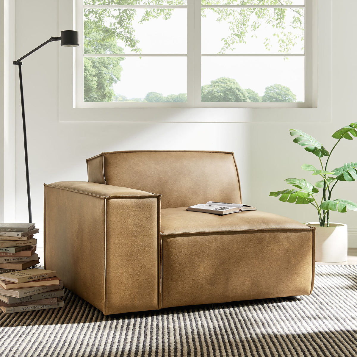 Restore vegan leather left-facing 2-piece modular lounge chair tan brown upholstery on Tampa Home & Garden Store