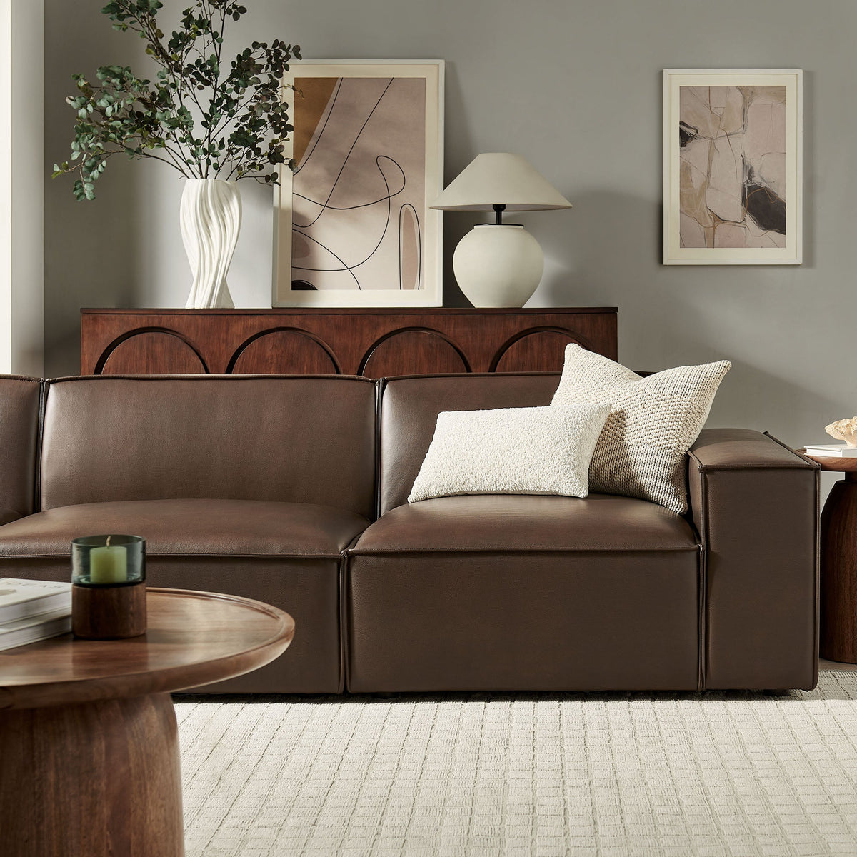 Restore 3-Piece vegan leather modular sofa set by Modway in brown leather on Tampa Home & Garden Store