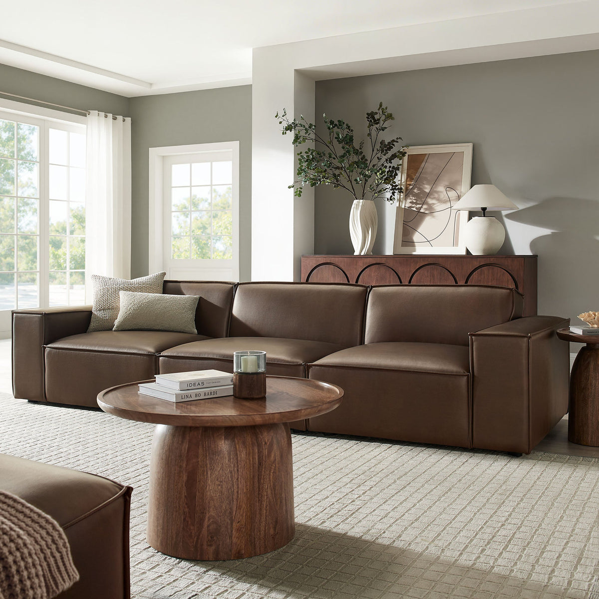 Restore 3-Piece vegan leather modular sofa set in warm brown on Tampa Home & Garden Store