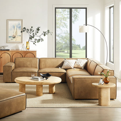 Restore 5-Piece vegan leather modular L-shaped sofa by Modway in warm tan with visible stitching on Tampa Home & Garden Store