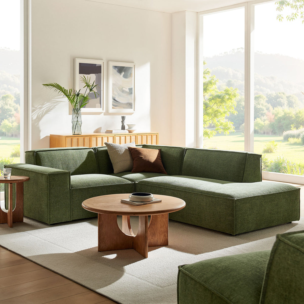 Modway Restore 3-Piece performance fabric upholstered L-shaped sectional sofa in foliage green in a bright living room on Tampa Home & Garden Store